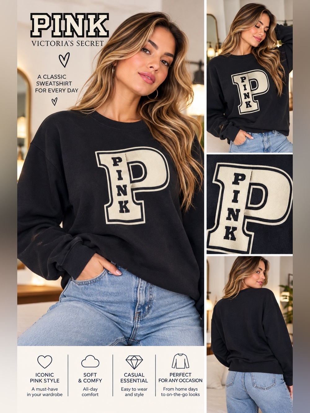 PINK Victoria's Secret Black Crewneck with Pink logo Sz S NWT